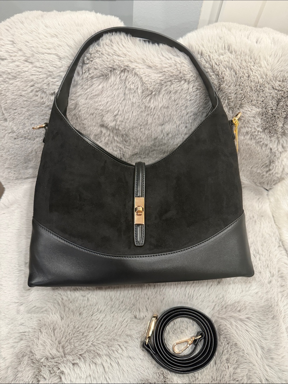Grossi NWT Black Faux Suede Hobo Bag Shoulder Purse Crossbody Inner Zip Pocket